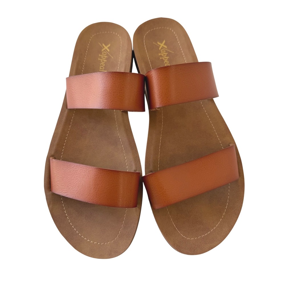 Xappeal Kyley Women 10M Cognac Brown Double Strap Slide Sandals Flat 253027 NWOT